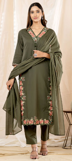 Green color Salwar Kameez in Cotton fabric with Embroidered, Mirror work