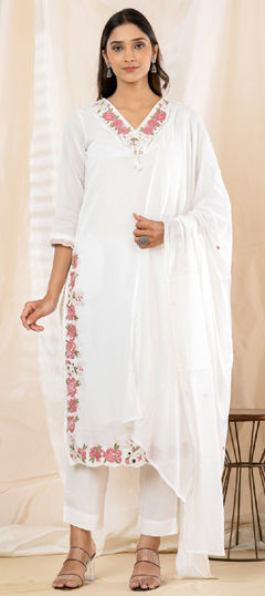 White and Off White color Salwar Kameez in Cotton fabric with Embroidered, Mirror work