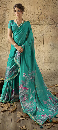 Green color Saree in Georgette fabric with Printed work