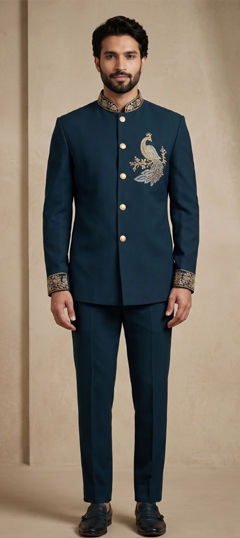 Blue color Jodhpuri Suit in Satin Silk fabric with Bugle Beads, Embroidered, Thread work