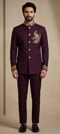 Red and Maroon color Jodhpuri Suit in Satin Silk fabric with Bugle Beads, Embroidered, Thread work