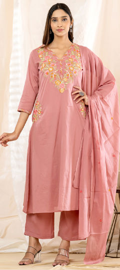 Pink and Majenta color Salwar Kameez in Cotton fabric with Embroidered, Zari work