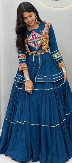 Blue color Long Lehenga Choli in Cotton fabric with Lace, Mirror work