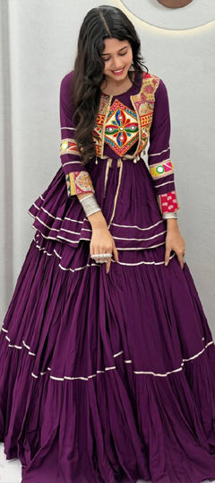 Purple and Violet color Long Lehenga Choli in Cotton fabric with Lace, Mirror work