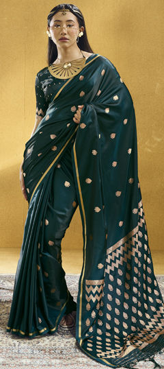 Green color Saree in Satin Silk fabric with Weaving work