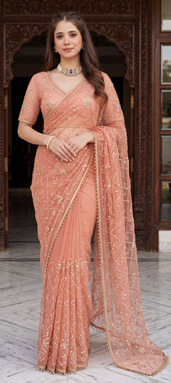 Pink and Majenta color Saree in Net fabric with Bugle Beads, Embroidered, Sequence work