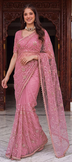 Pink and Majenta color Saree in Net fabric with Bugle Beads, Embroidered, Sequence work