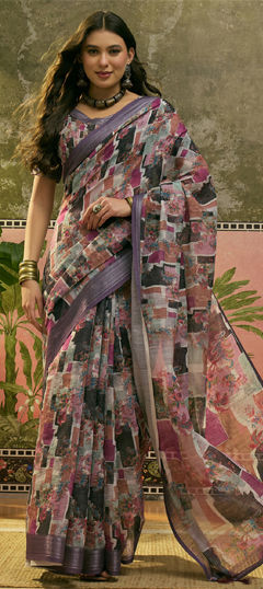 Purple and Violet color Saree in Cotton fabric with Digital Print, Floral work