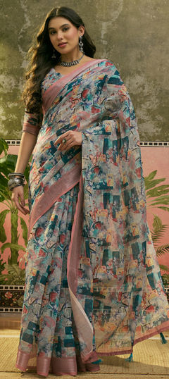 Multicolor color Saree in Cotton fabric with Digital Print, Floral work