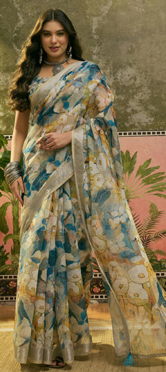 Blue color Saree in Cotton fabric with Digital Print work