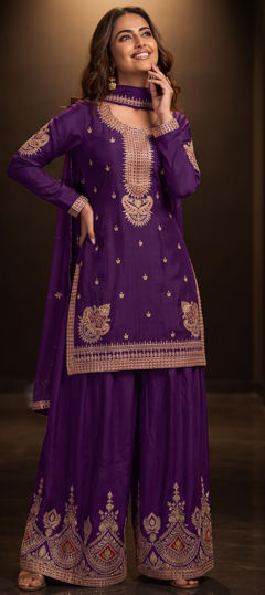 Purple and Violet color Salwar Kameez in Chinon Silk fabric with Embroidered work