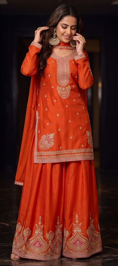 Orange color Salwar Kameez in Chinon Silk fabric with Embroidered work