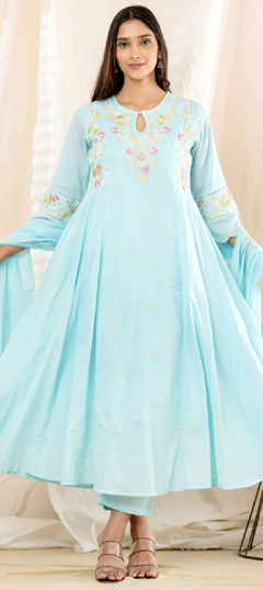Blue color Salwar Kameez in Mul Cotton fabric with Embroidered, Mirror work
