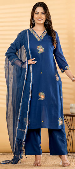 Blue color Salwar Kameez in Cotton, Jute fabric with Embroidered work
