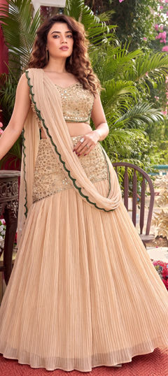 Beige and Brown color Readymade Saree in Faux Georgette fabric with Mirror work