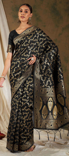 Black and Grey color Saree in Art Silk fabric with Weaving work