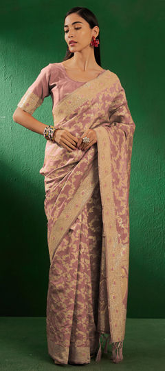Gold color Saree in Art Silk fabric with Weaving work