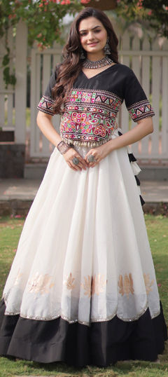 Black and Grey color Long Lehenga Choli in Roman Silk fabric with Embroidered, Lace, Mirror work