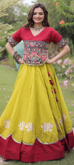 Red and Maroon color Long Lehenga Choli in Roman Silk fabric with Embroidered, Lace, Mirror work