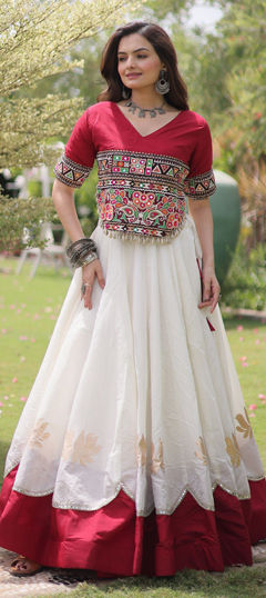 Red and Maroon color Long Lehenga Choli in Roman Silk fabric with Embroidered, Lace, Mirror work