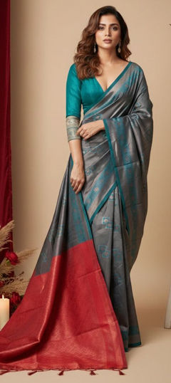 Blue, Red and Maroon color Saree in Art Silk fabric with Weaving work