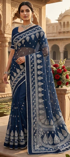 Blue color Saree in Net fabric with Lace work