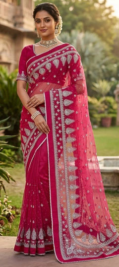 Pink and Majenta color Saree in Net fabric with Lace work