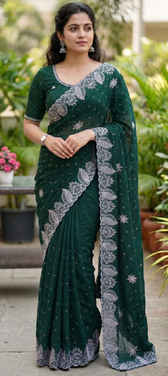 Green color Saree in Art Silk fabric with Embroidered work