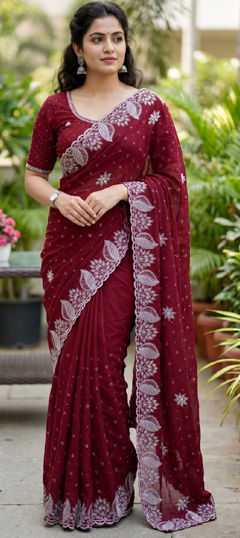 Red and Maroon color Saree in Art Silk fabric with Embroidered work