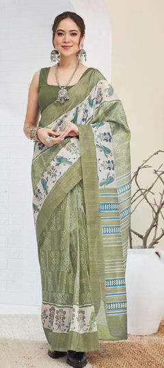 Green color Readymade Saree in Blended fabric with Printed work