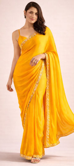 Yellow color Readymade Saree in Satin fabric with Lace work