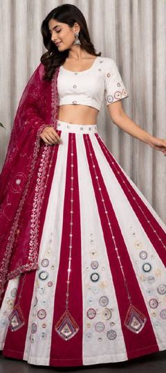 Pink and Majenta, White and Off White color Lehenga in Roman Silk fabric with Embroidered work