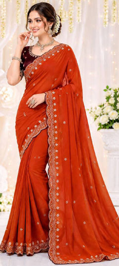 Red and Maroon color Saree in Georgette fabric with Embroidered work