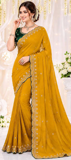 Yellow color Saree in Georgette fabric with Embroidered work