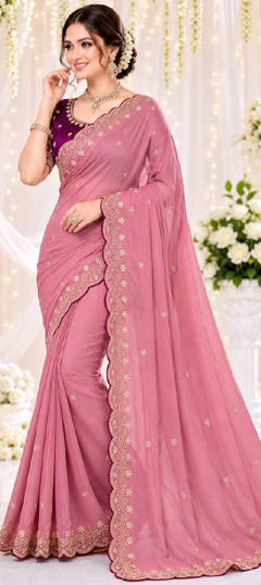 Pink and Majenta color Saree in Georgette fabric with Embroidered work