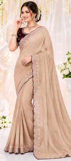 Beige and Brown color Saree in Georgette fabric with Embroidered work