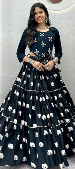 Black and Grey color Long Lehenga Choli in Cotton fabric with Bugle Beads, Printed work