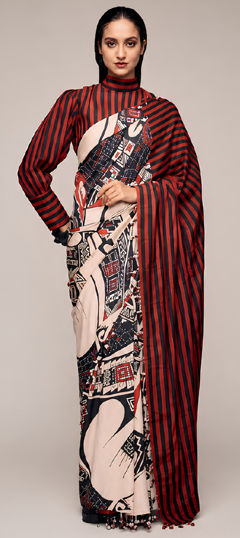 Black and Grey color Readymade Saree in Satin Silk fabric with Printed work