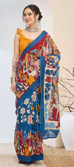 Blue color Readymade Saree in Blended, Silk fabric with Printed work