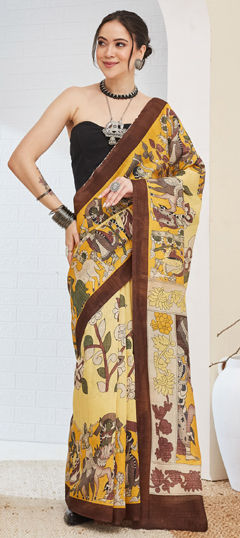 Beige and Brown color Readymade Saree in Blended, Silk fabric with Printed work
