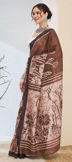 Beige and Brown color Readymade Saree in Blended, Silk fabric with Printed work