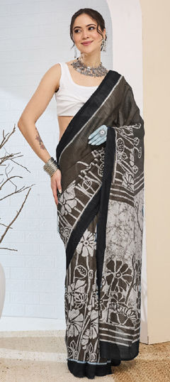 Black and Grey color Readymade Saree in Blended, Silk fabric with Printed work