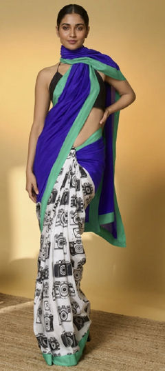 Blue color Readymade Saree in Satin fabric with Printed work