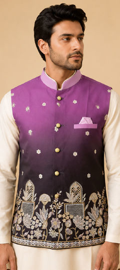 Purple and Violet color Nehru Jacket in Silk fabric with Embroidered, Sequence, Thread work