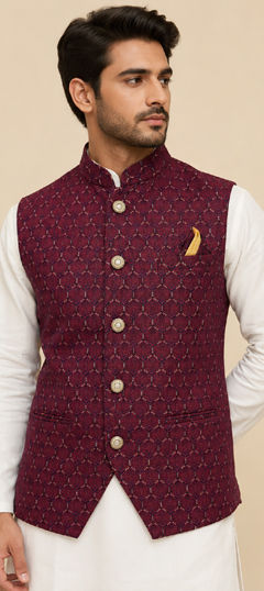Red and Maroon color Nehru Jacket in Jacquard fabric with Embroidered, Sequence, Thread work