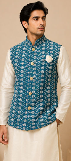 Blue color Nehru Jacket in Silk fabric with Embroidered, Sequence, Thread work