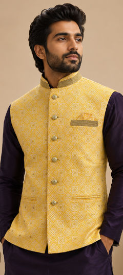 Yellow color Nehru Jacket in Jacquard fabric with Lace, Zari work