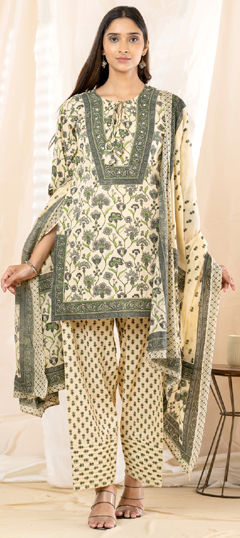 Beige and Brown, Black and Grey color Salwar Kameez in Cotton fabric with Floral, Printed, Stone work