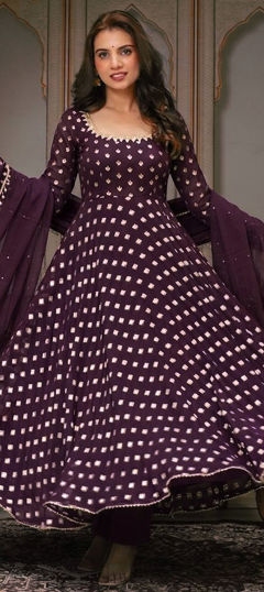 Purple and Violet color Salwar Kameez in Chanderi fabric with Lace work