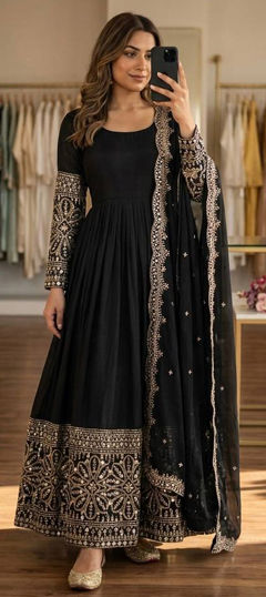 Black and Grey color Salwar Kameez in Chinon Silk fabric with Embroidered, Sequence work